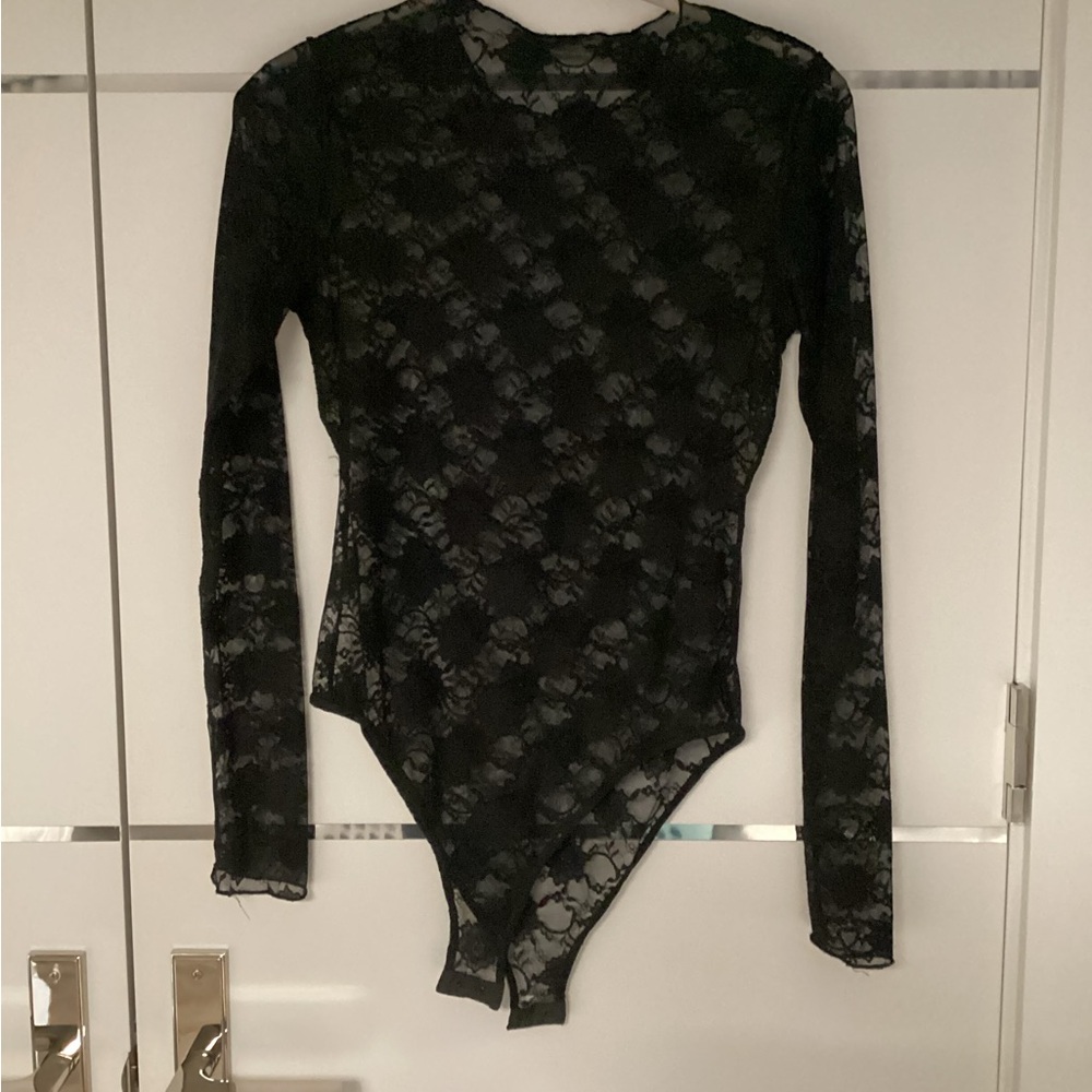 Zara Black Sheer Floral Lace Long-Sleeve Bodysuit